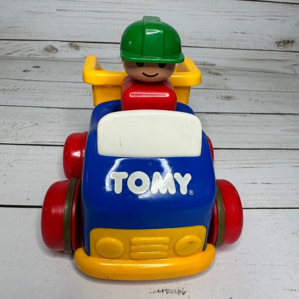 Tomy First Fun Push n Go Toy Dump Truck With Green Hat Driver & Red Wheels 90's